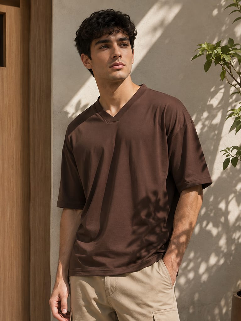 brown v neck t shirt men badger